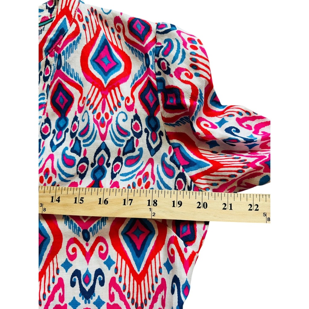 Boho Boden Ikat Tiered Mini Dress Size 10 Pink Blue Bell Sleeve V-Neck - Picture 3 of 7